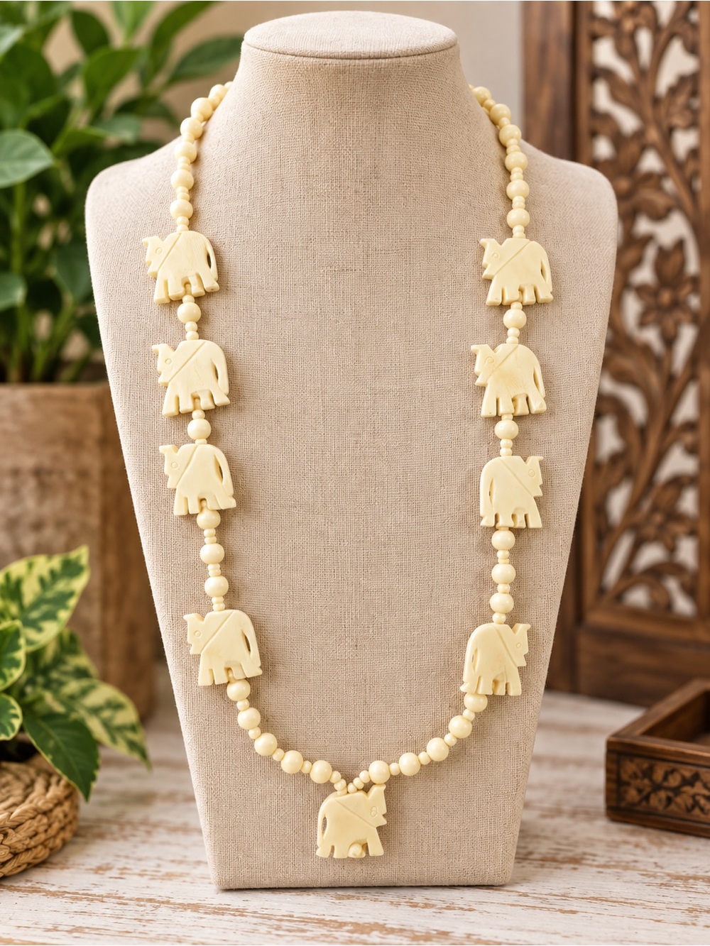 Bone Carved Elephant Beaded Necklace Ivory Tone Statement Jewelry Boho Safari